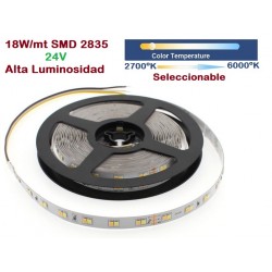 Tira LED 5 mts Flexible 24V 90W 600 Led SMD 2835 IP20 CCT 2700K a 6500K, Alta Luminosidad